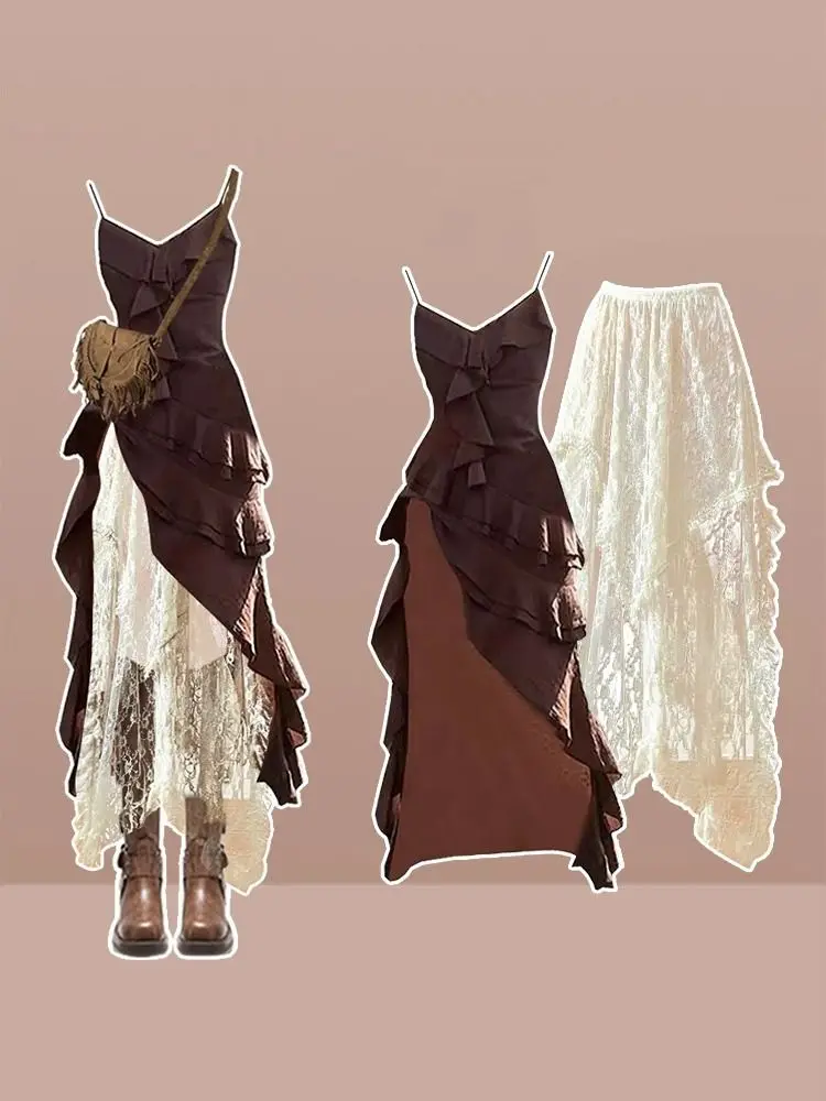 

Gothic Grunge Harajuku Boho 2-piece Set Women Skirt Set Irregular Asymmetric Ruffle Top Pleated Long Skirts Y2k Streetwear Trend
