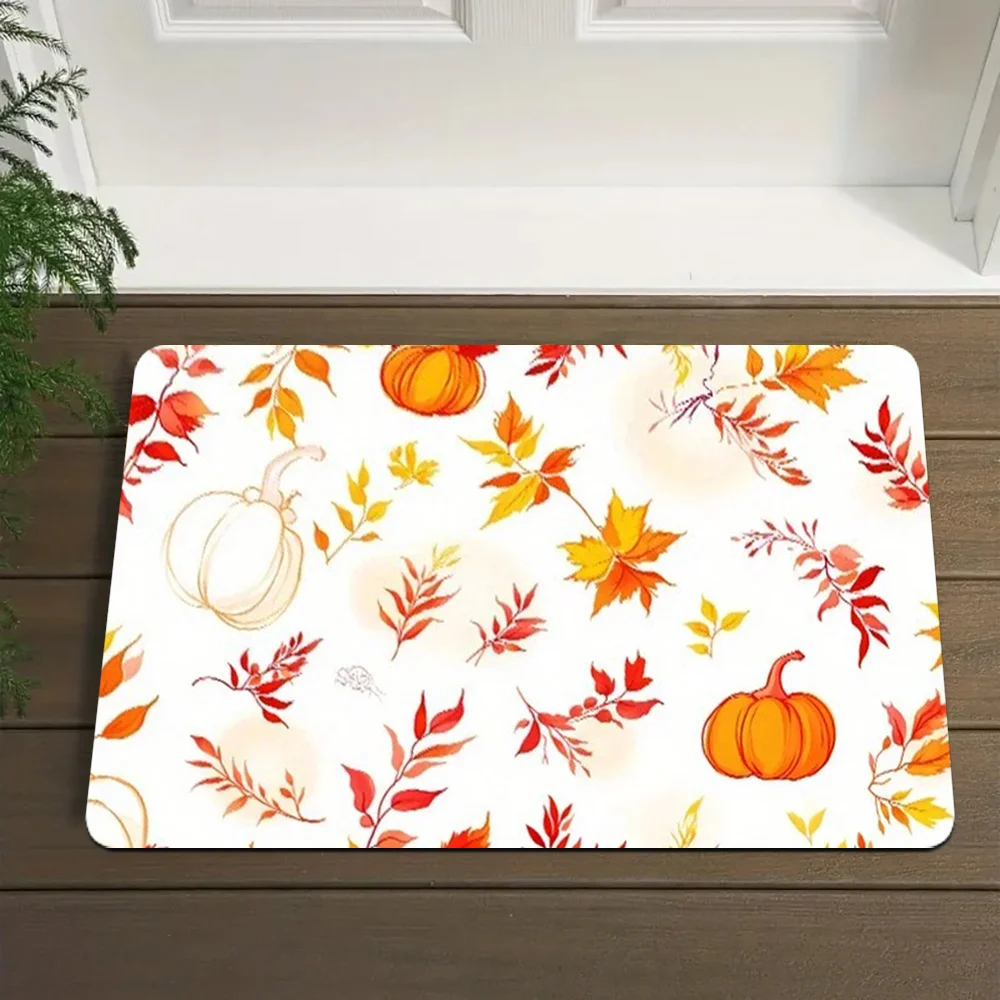 1pc Autumn maple leaf and pumpkin patterned doormat, machine washable polyester, suitable for bedroom and living room decoration