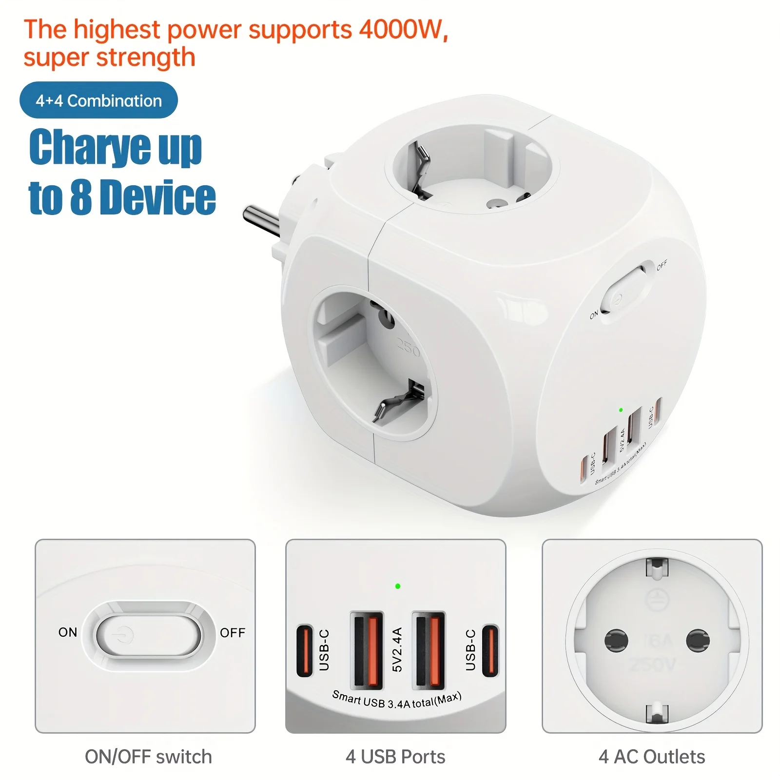 4000W EUプラグ電源タップキューブ、4口コンセント、4USBポート、ヨーロッパ対応マルチソケットアダプター、家庭用壁掛け充電ON/OFFスイッチ付き
