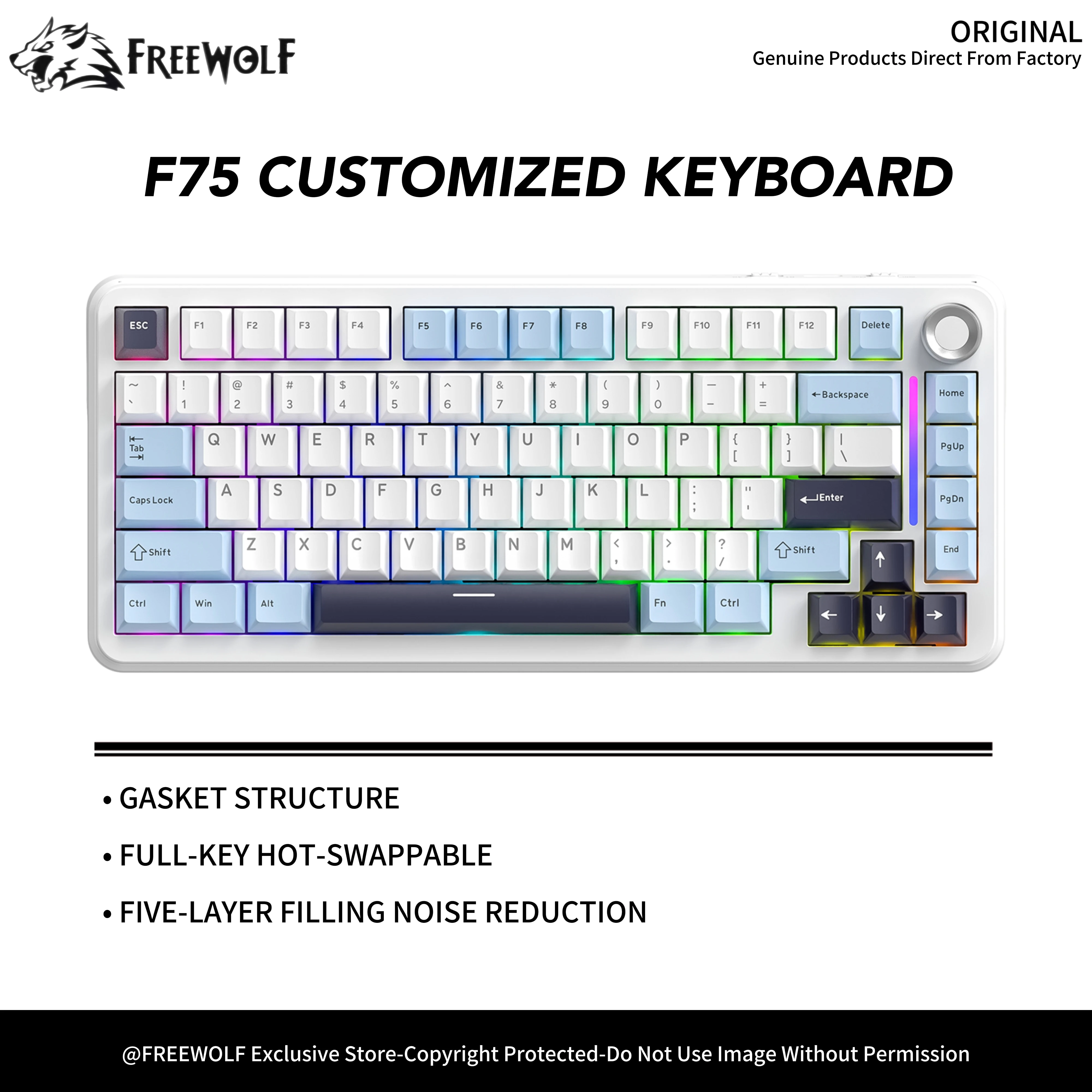 

75% Mechanical Keyboard F75 FREEWOLF Bluetooth Three-mode Keyboard,Dedicated for Gaming and Office Use