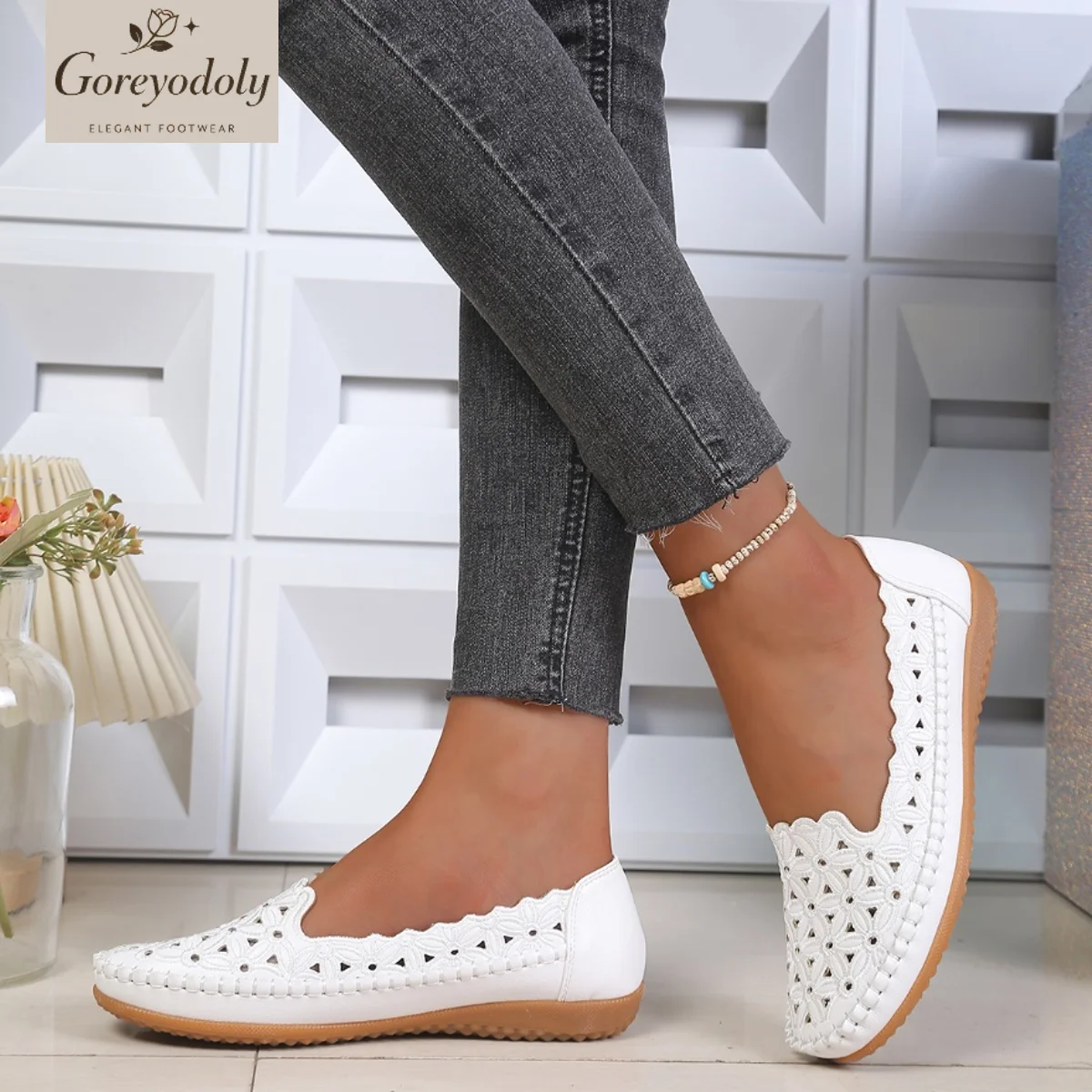 Goreyodoly Womens Wide Fit Casual Slip On Flats Hollow Floral Lace Breathable Lightweight Comfortable Walking Shoes
