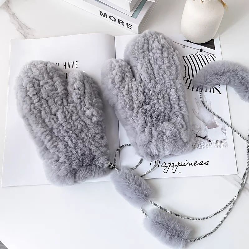 حار بيع الشتاء فتاة الطبيعية ريال ريكس أرنب الفراء قفازات جيدة مطاطا محبوك القفازات سيدة قفازات