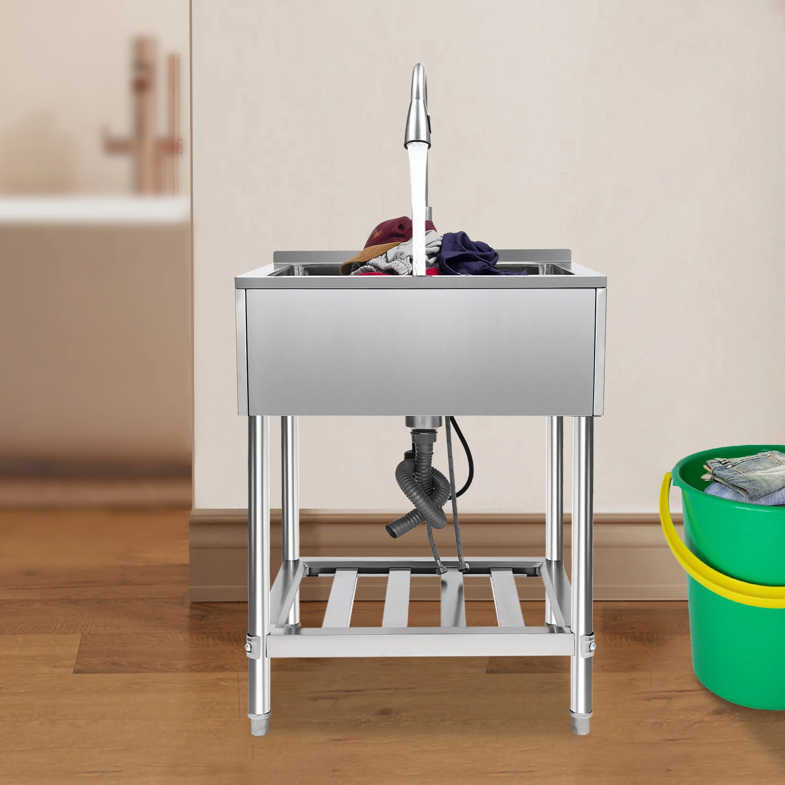Proses Penarikan Kawat untuk Wastafel Laundry Stainless Steel Komersial dengan 360° °   Keran Tarik Keluar Beban Maksimal 100kg Model Berdiri Bebas 25x34.25in