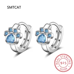Baby Princess 925 Sterling Silver Blue Crystal Cute Pet Cat Paw Hoop Earring For Child Girl Women Loop Earring Jewelry