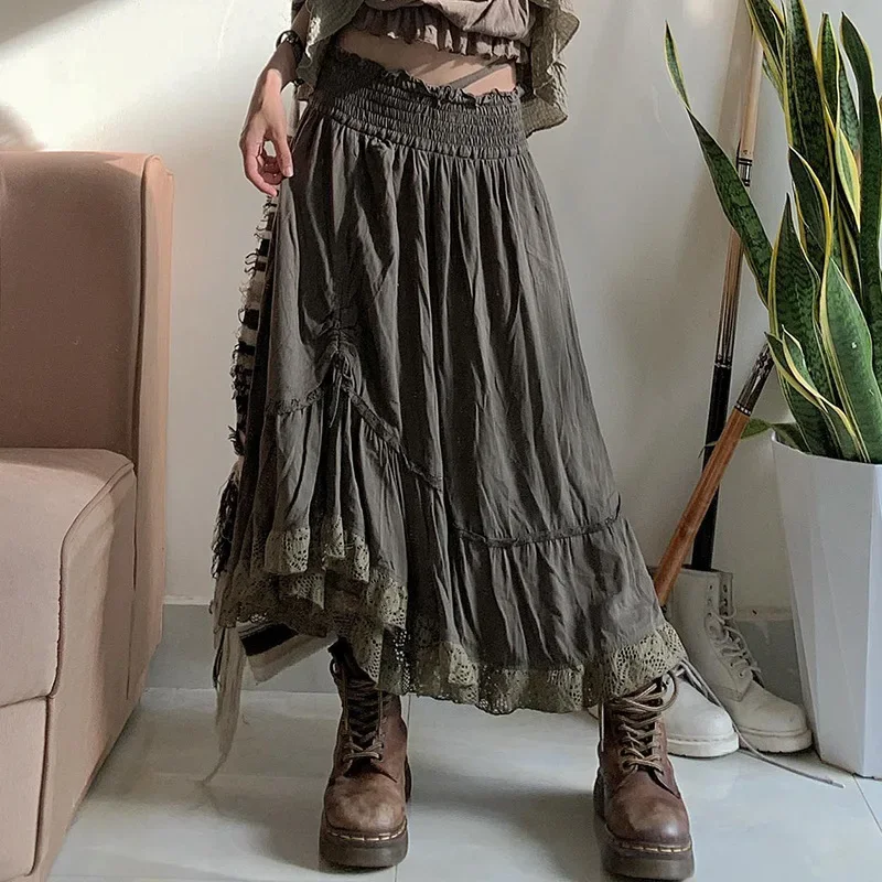 2024 New Vintage Forest Green Shirring Tie Lace Skirts Harajuku High Waist A Line Long Skirt Y2K Retro Women's Vacation Outfits