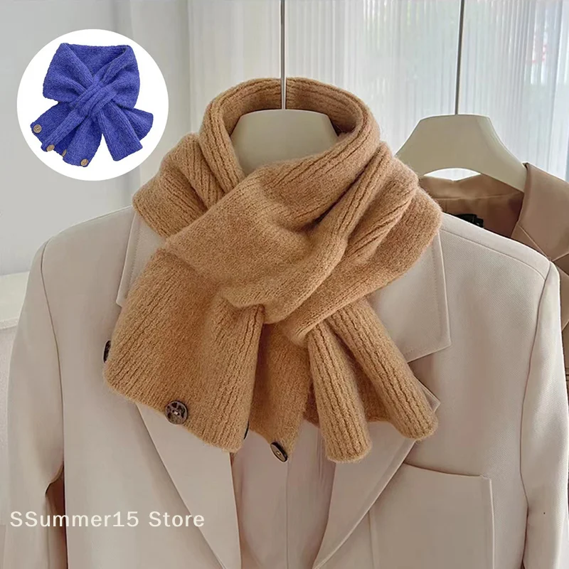 【R】Neck Guard Shawl Solid Color Cross Scarf Knitted Neckerchief Wrap Neck Warmer Women