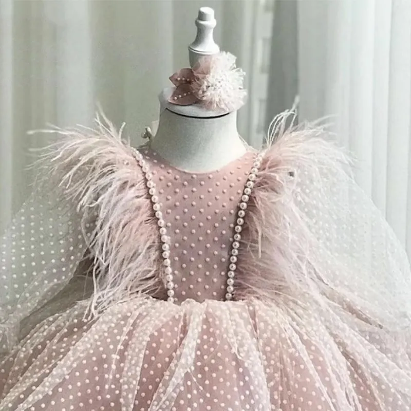 Fashion Baby Girl Princess Lace Feather Bow Dress Infant Child Teens Dot Pearl Vestido Birthday Party Pageant Baby Clothes 1-12Y