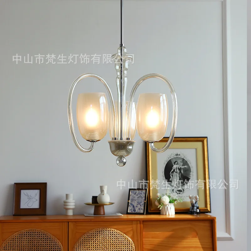 Nordic Silvery Wrought Iron Ceiling Chandeliers Elliptic Glass Hanging Lamp Living Room Bedroom Restaurant Kitchen Pendant Light