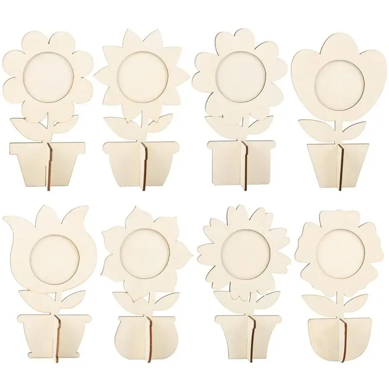 

A92P DIY Flowers 8 Pieces Wooden Ornament Wood Craft Painting Supplies For Spring Happy Easter Party Decorations