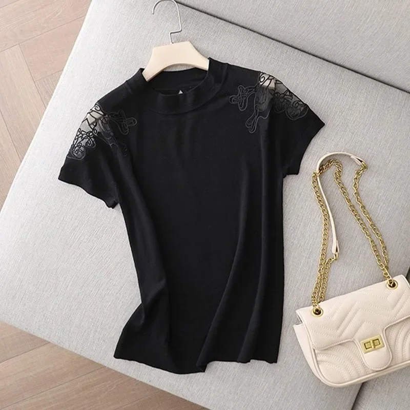 Caofeimao Fashion Embroidery Spliced Lace Gauze Blouse Women Clothing 2025 Spring New Casual Pullovers Tops Loose Commute Shirt