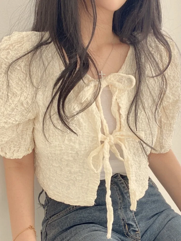 Chic Summer New Sweet Versatile Belted V-Ne Sunscreen Thin Air Conditioner irt ort Outerwear Women's Top Trendy