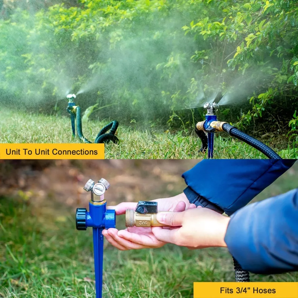Irrigatore per prato interamente in metallo, confezione da 2, irrigatore da giardino creativo con triplo testa di spruzzo con base a punta, copertura per ampia area a 360 gradi