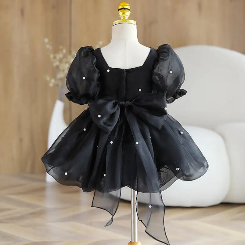 Children's Princess Evening Gown Bow Pearls Puff Sleeve Design Wedding Birthday Baptism Easter Eid Party Girls Dresses A2621