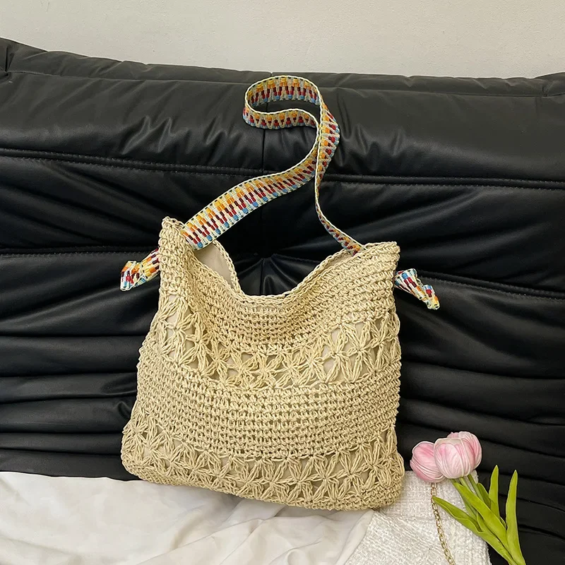 

Coastal Boho Straw Bag: Artisan Braided Tote, Adjustable Shoulder Sling & Handheld, Beach Day Essential w/ Sand-Resistant Lining