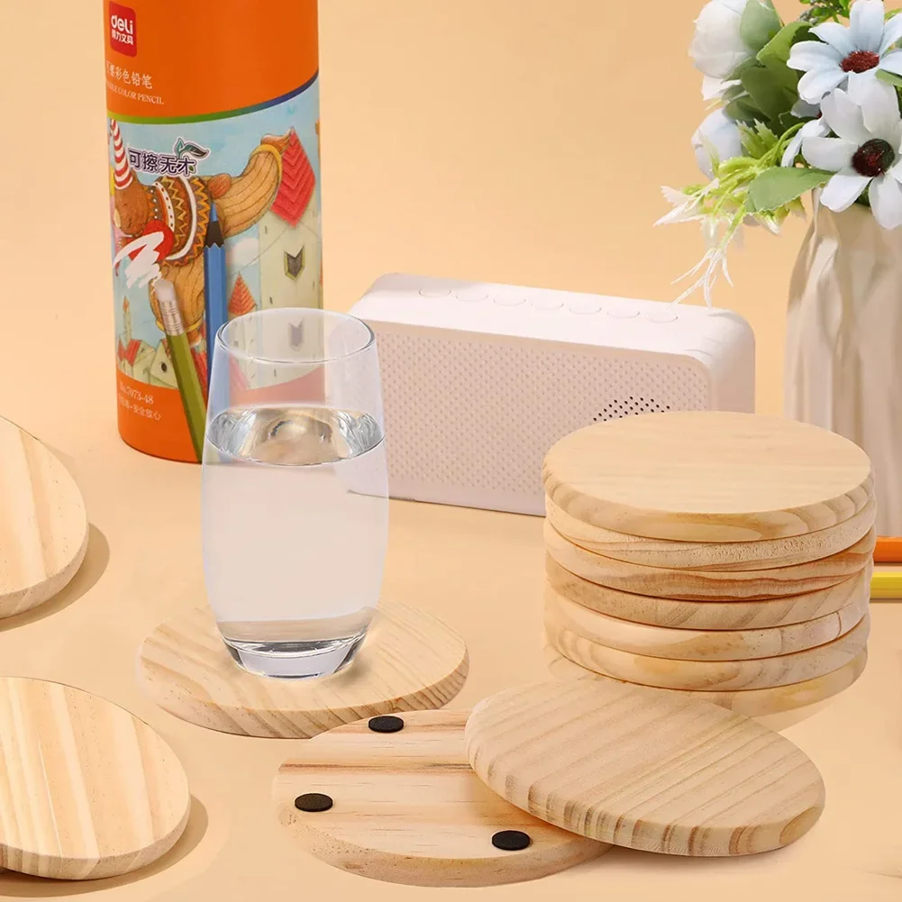 3/5/10-teiliges Set aus unbehandelten runden Holzuntersetzern für DIY-Bastelarbeiten und Heimdekoration, 4 Zoll Durchmesser, Naturholzmaterial, perfekt – Detail 7