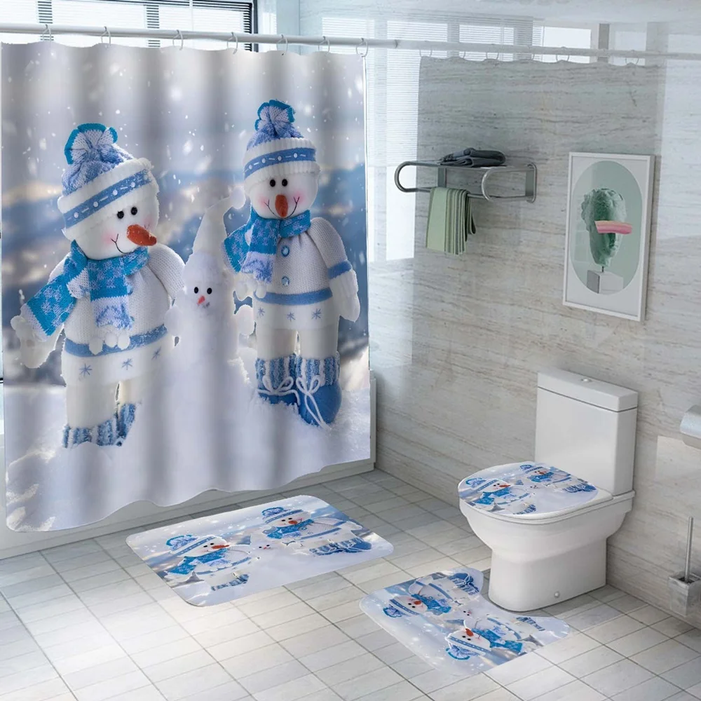 Christmas Shower Curtain Set with Rug Red Truck Xmas Tree Snowmen Farmhouse Wooden Board Bathroom Sets Toilet Lid Cover Bath Mat