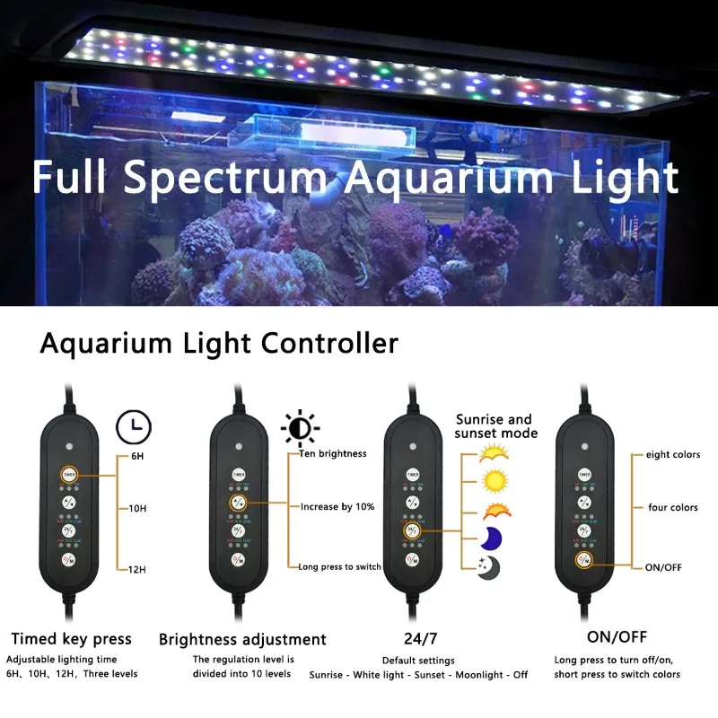 LED Fish Tank Light Full Spectrum Plant Reef Aquarium Lamp Adjustable Sunrise and Sunset Fishbowl Lamps Aquariums Lighting