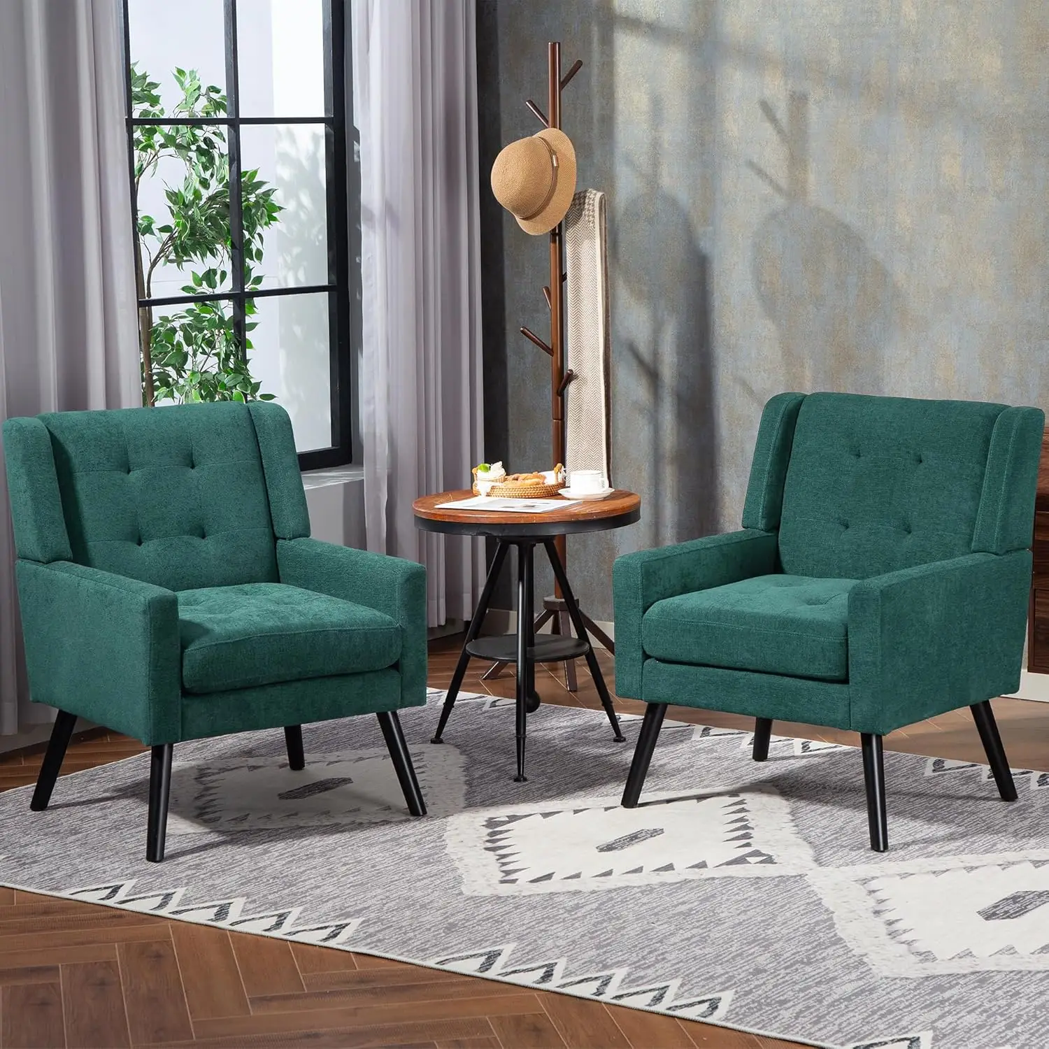 Mid-Century Accent Chair Set 2 Modern Armchair Green Velvet Wood Frame High Density Foam Ergonomic Backrest Reading Bedroom, Cus