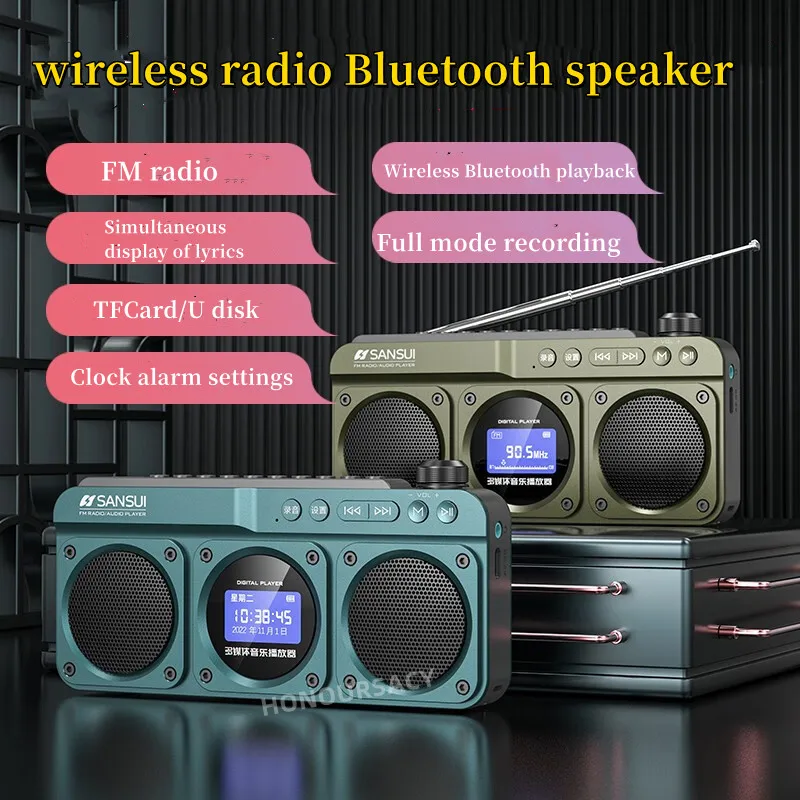 New Sansui F28 Retro Radio Wireless Bluetooth Speaker Portable Stereo Subwoofer Mini Plug in Walkman Clock alarm  Music Player