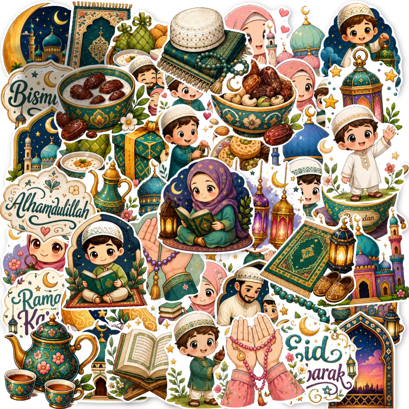 50 PCS Middle Eastern Festival Stickers Waterproof Cute Cartoon Characters Lanterns Dates Mosque Design Journal Stickers for Pla