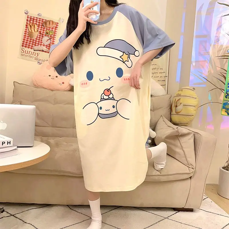 

Пижамное платье Sanrio Cinnamoroll для женщин, летнее, с коротким рукавом, домашняя одежда, ночная сорочка, платье-комбинация для сна, для студенток