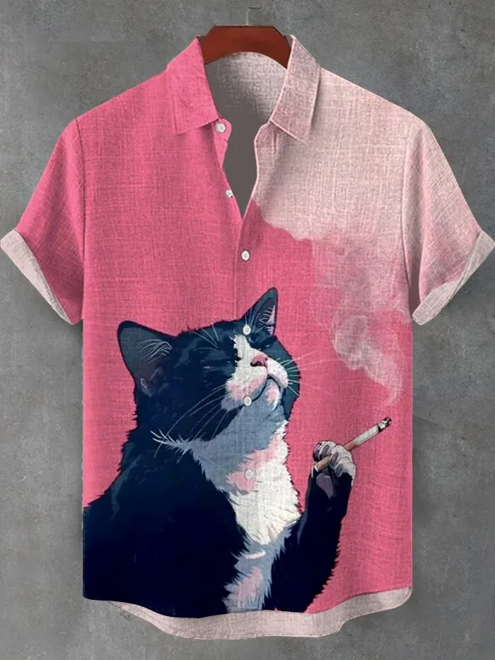 

Summer Hawaiian Funny Cat 3D Print Shirts Men Fashion Shirt Casual Vintage Streetwear Short Sleeve Shirt Blouse Man Clothing
