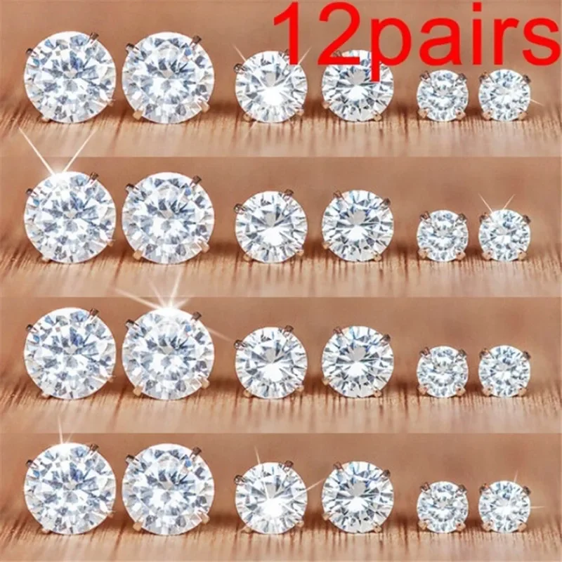 12pair Classic Simple Silver Color Crystal Stud Earrings for Women Luxury Shiny Zircon Men Earring Pearl Jewelry Set Gift