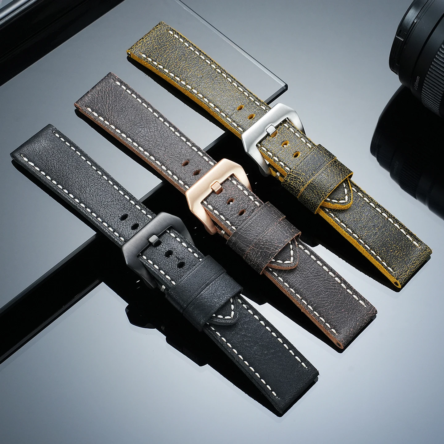 24/26mm Men's Cracked-Look Vintage Genuine Leather Watch Strap for Panerai Luminor Submersible Series PAM111, PAM441, PA448, 312