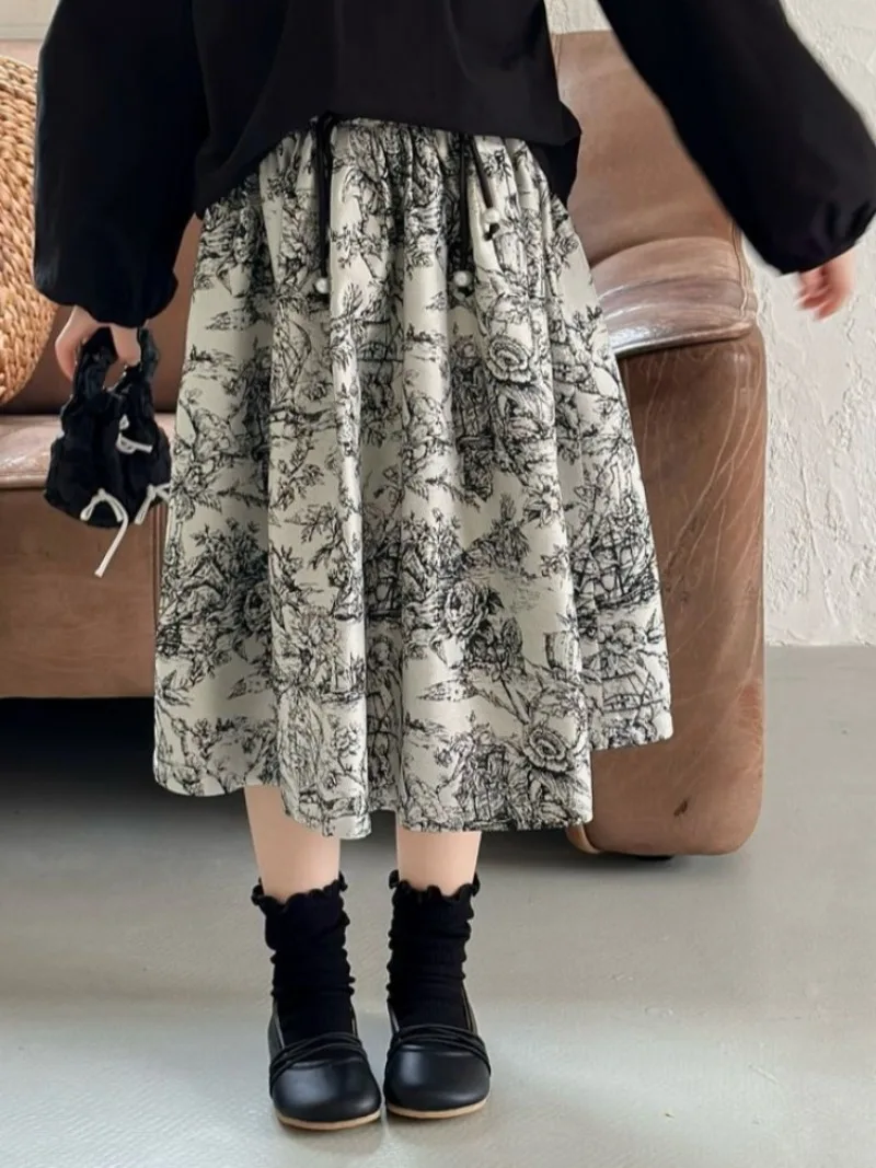 Girls' Elastic Waist Retro Half Skirt Spring Vintage Skirt for Kids Cute Inspired Children's Skirt with Adjustable Waistband
