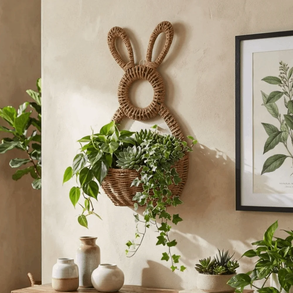 

Hand Woven Easter Bunny Basket Handmade Natural Willow Bunny Flower Basket Gift Holder Cute Rabbit Bunny Basket Wreath