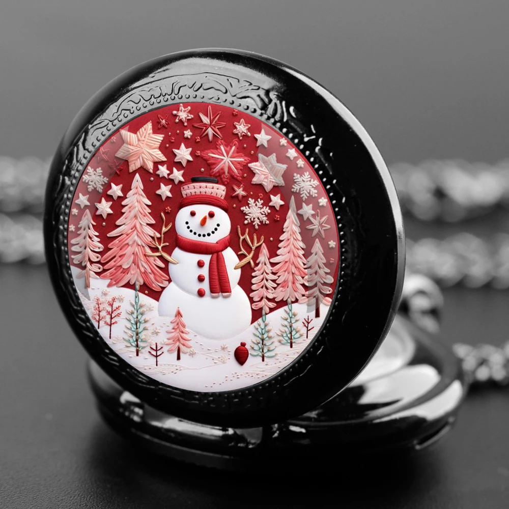 Christmas Snowman Glass Dome Quartz Pocket Watch With Durable Chain Arabic Numeral Dial Extraordinary Gifts for Men Kids