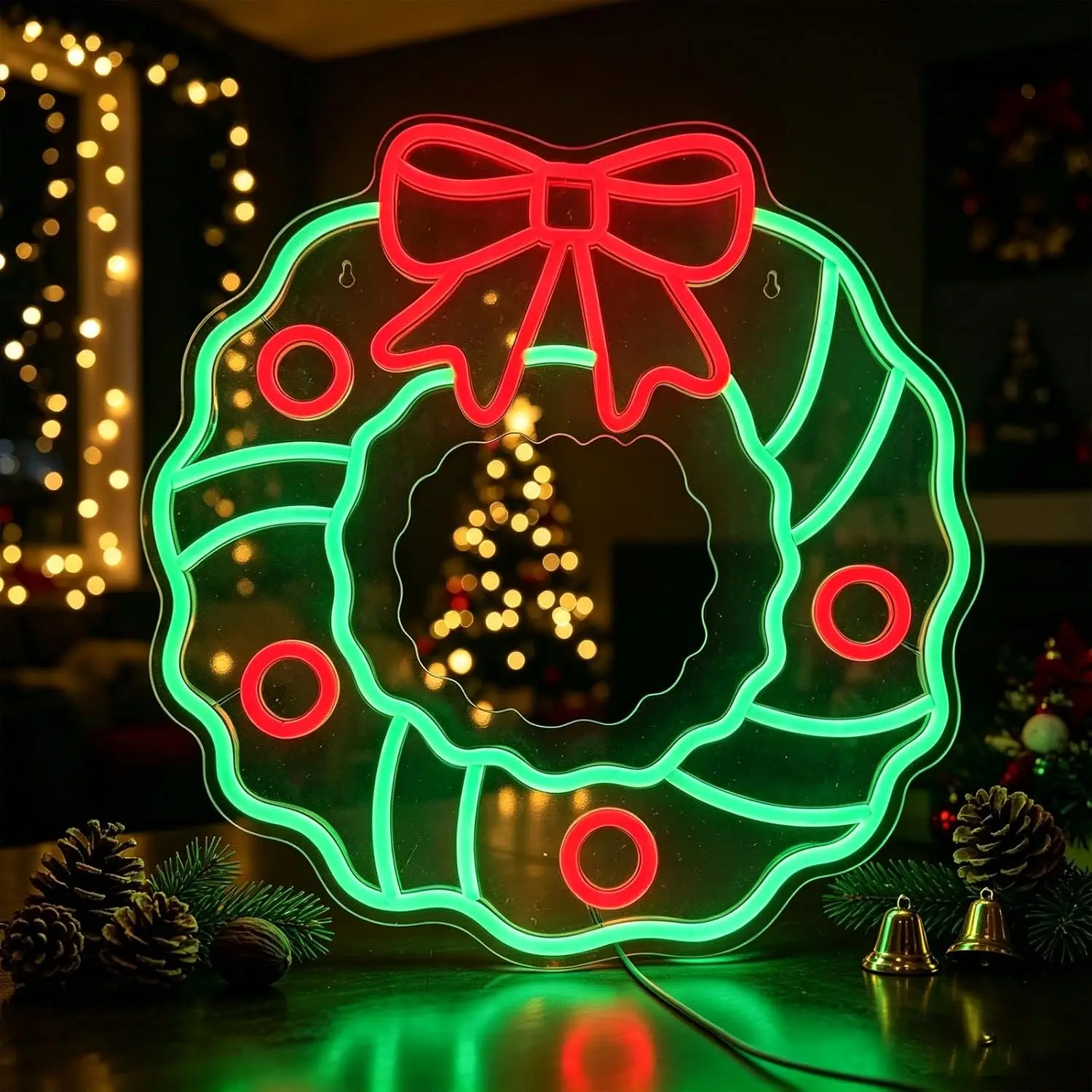 Christmas Wreath Neon Sign USB Powered LED Neon Light USB Powered Bedroom Xmas Party Winter Window Holiday Home Decoration Gift