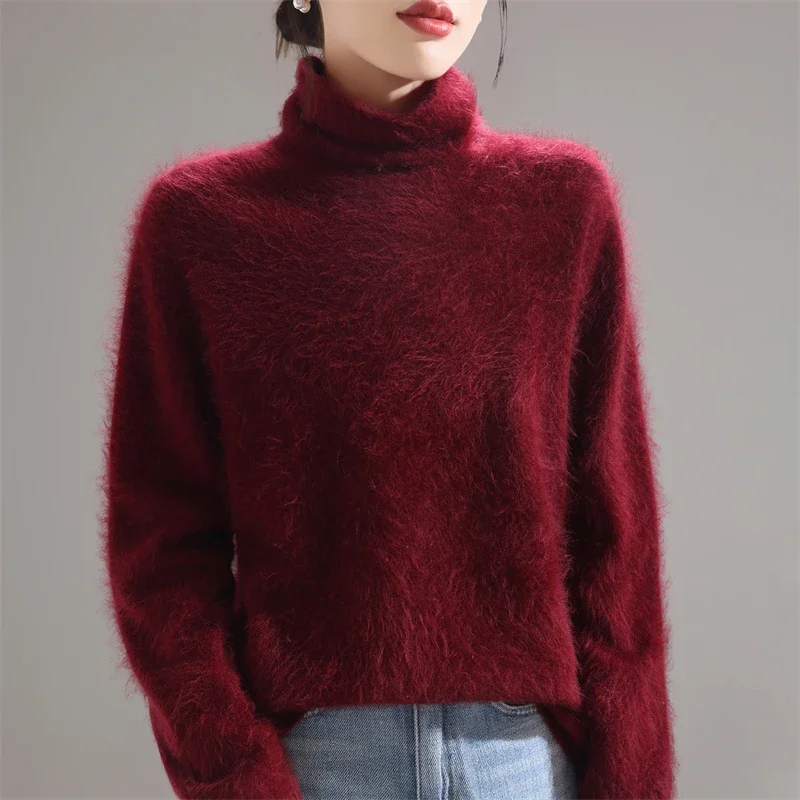 

2025 100% Merino Wool Winter Women's Thicken Loose Pullover Cashmere Sweater Long Sleeved Solid Color Knitted Bottom Sweaters