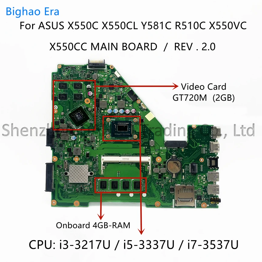 For Asus X550C X550CA Y581C X550CC X550CL X550VB X550VC Laptop Motherboard With i3-3217U i5-3337U i7-3537U 4GB-RAM GT720 2GB-GPU