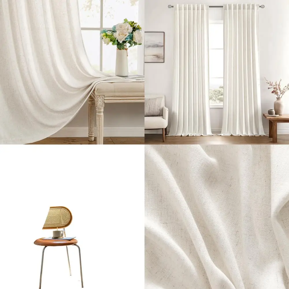 ستائر كتان شبه شفافة لتصفية الضوء، طقم مكون من لوحتين، 52 × 102، تصميم علامة تبويب خلفية، أبيض طبيعي للمنزل