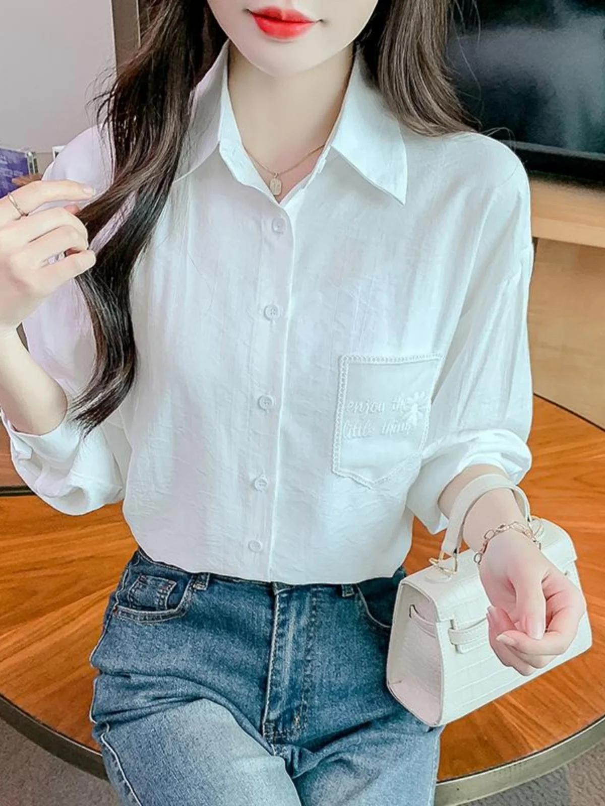 

Spring 2026 Women's Long Sve Pure Cotton Embroidered ket Loose Slim Fit oulder Drop irt Casual Korean Sle Top
