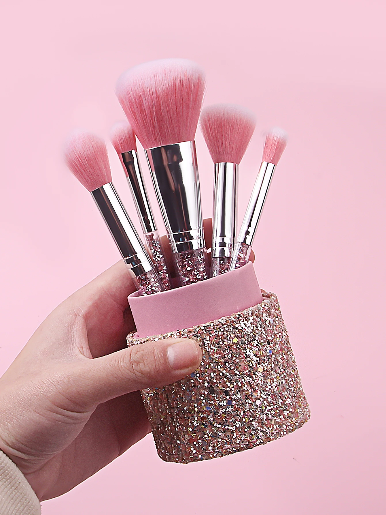 8PCSの絶妙なメイクブラシセット - ダイヤモンドハンドルのメイクブラシセット + ソフト扇形パウダーパフ + ポータブル収納バケツ