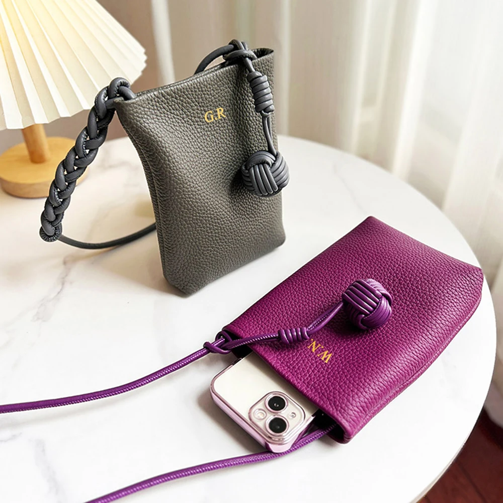 Echt leder kleine Frauen Umhängetasche benutzer definierte Initialen hand gewebte Ball Telefon Schulter tasche personalisieren Name Dame Mini Beutel Geldbörse – Detail 11