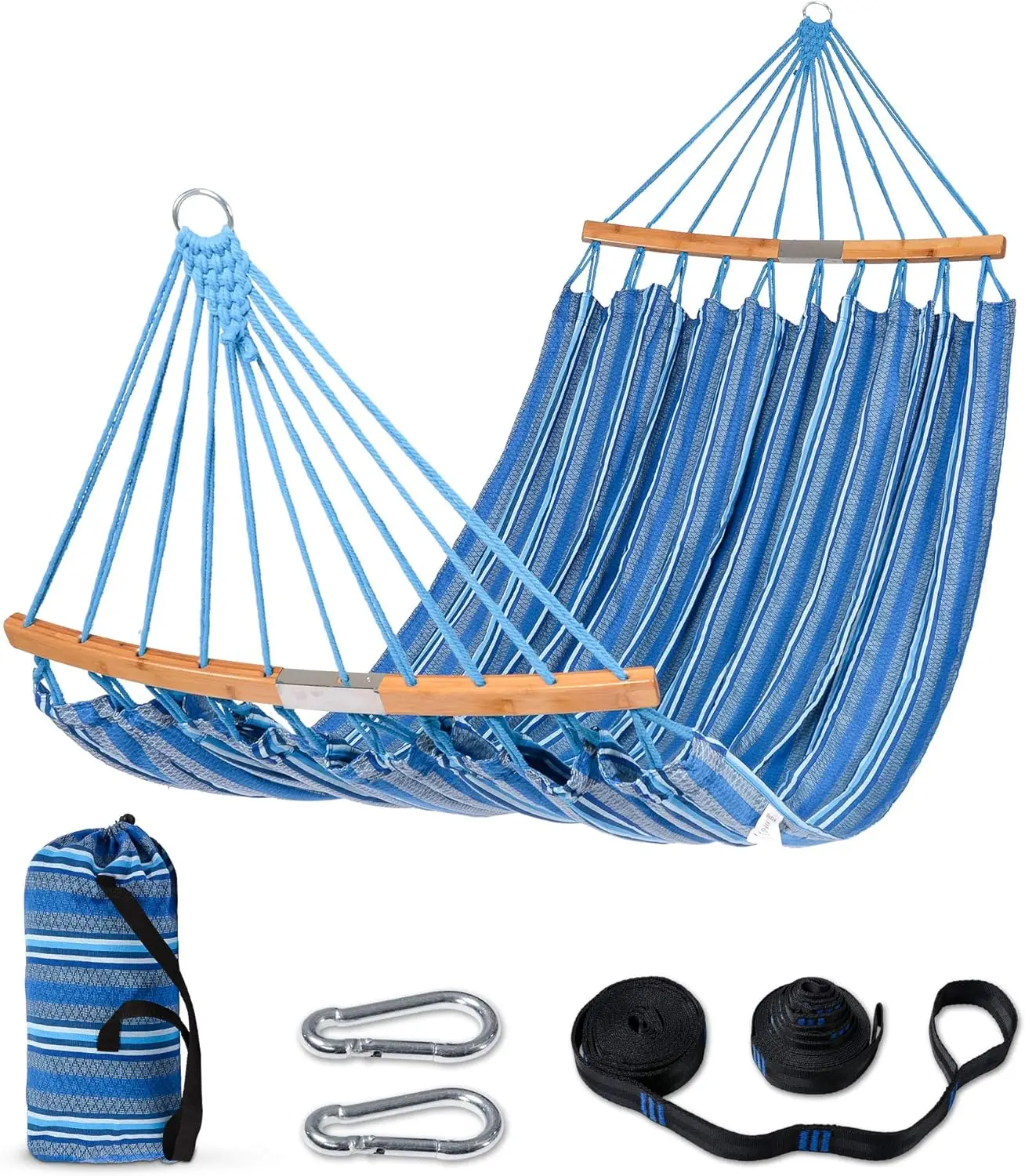 

Double Hammock with Curved Spreader Bar, Portable Outdoor Hanging Bed with Carrying Bag & Straps, Max 450lbs, Blue