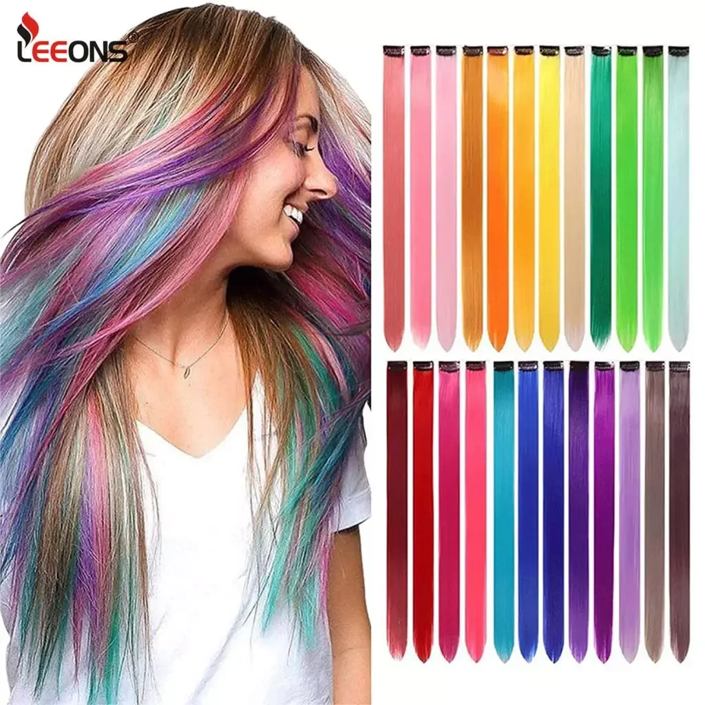 Extensiones de cabello sintético Leeons con Clips, extensiones de cabello liso resistentes al calor, Clip de pelo negro de Color para mujer, 12 g/unidad