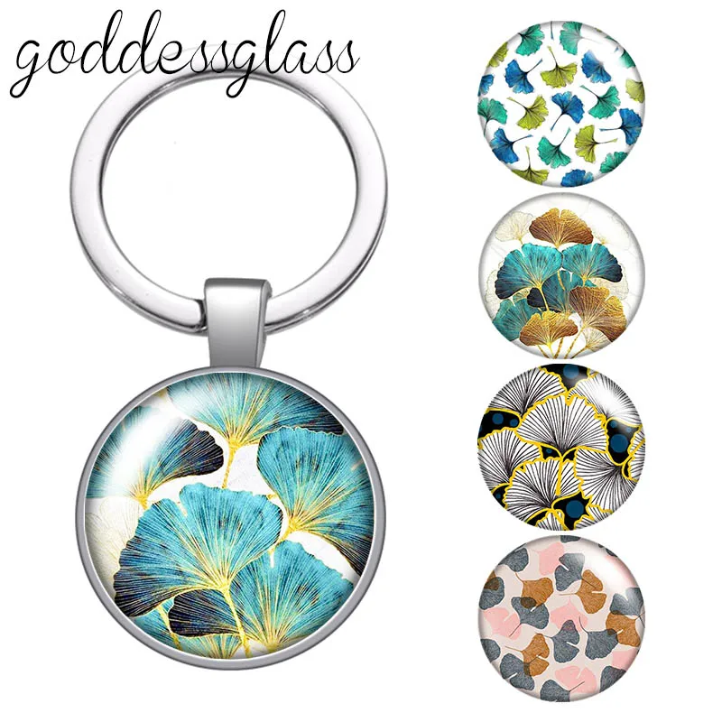 New Ginkgo biloba longevity Leaves Patterns 25mm glass cabochon keychain Bag Car key chain Ring Holder Charms keychains gift