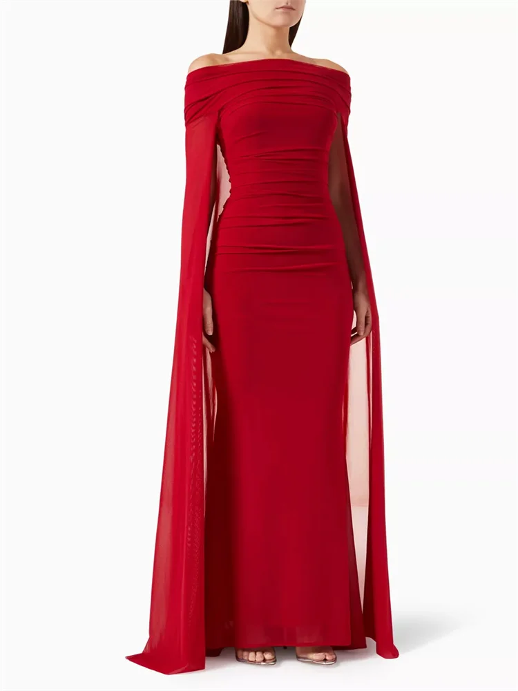 Hot Selling Off Shoulder Neckline Elongated Sleeves Crepe Mermaid Evening Dress Elegant Back Zipper Floor Length Gown For Women