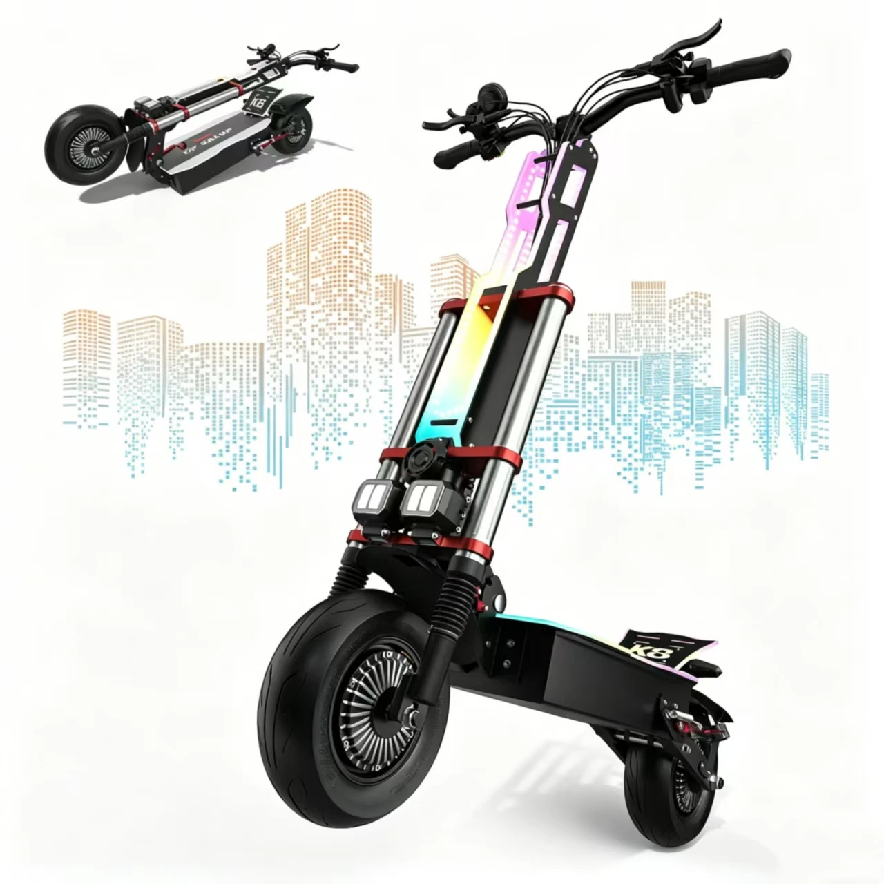 De TIFGALOP K8 elektrische scooter is uitgerust met een 6000W-motor en een 60V 36Ah-batterij, waardoor een actieradius van 80 tot 100 kilometer wordt bereikt.