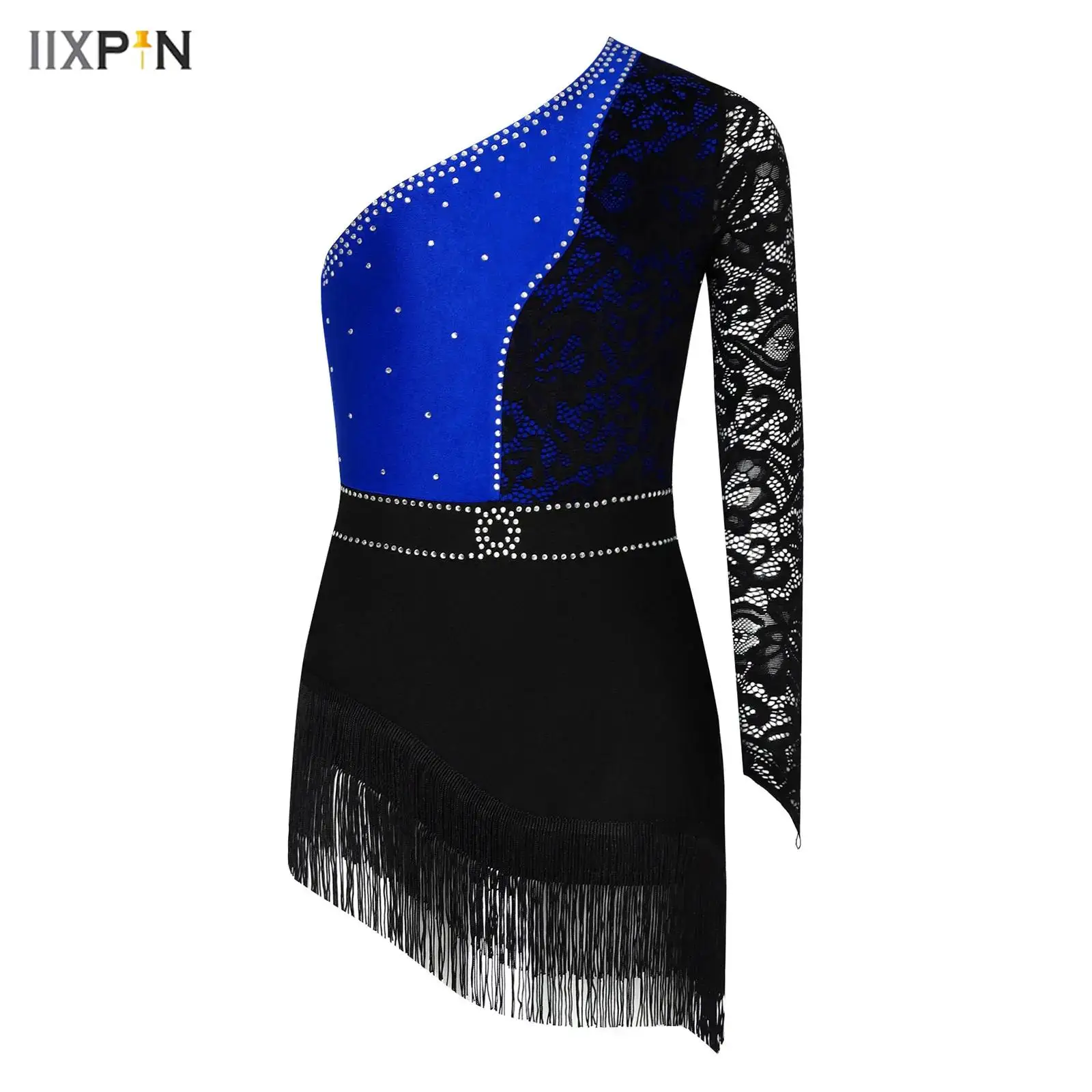 Kids Girls Jazz Latin Dance Dress Shiny Rhinestones Lace One Long Sleeve Tassels Dancewear Samba Rumba Cha Cha Dance Costume