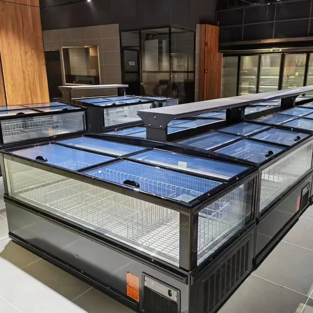 FL Island Style Refrigerated Cabinet Custom Size Open Display Chiller For Hypermarket Frozen Snack Food Merchandising Unit