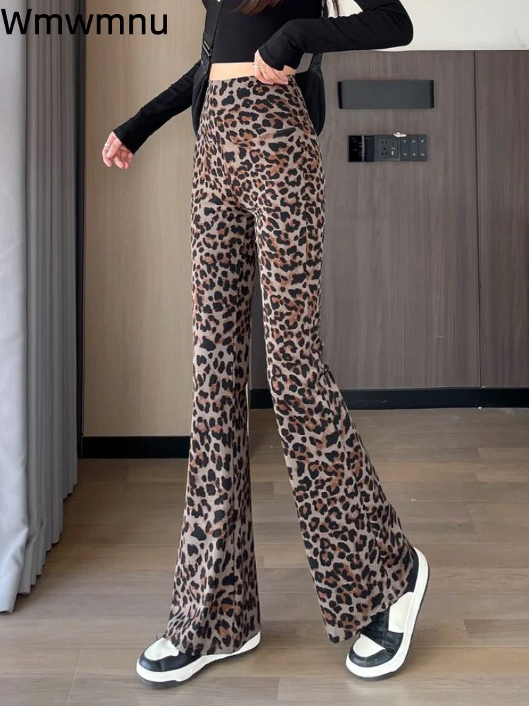 Vintage Fashion Leopard Stretch Bootcut Pants Women's Casual Wide Leg Pantalones High Waisted Elastic Slim Trousers Spodnie