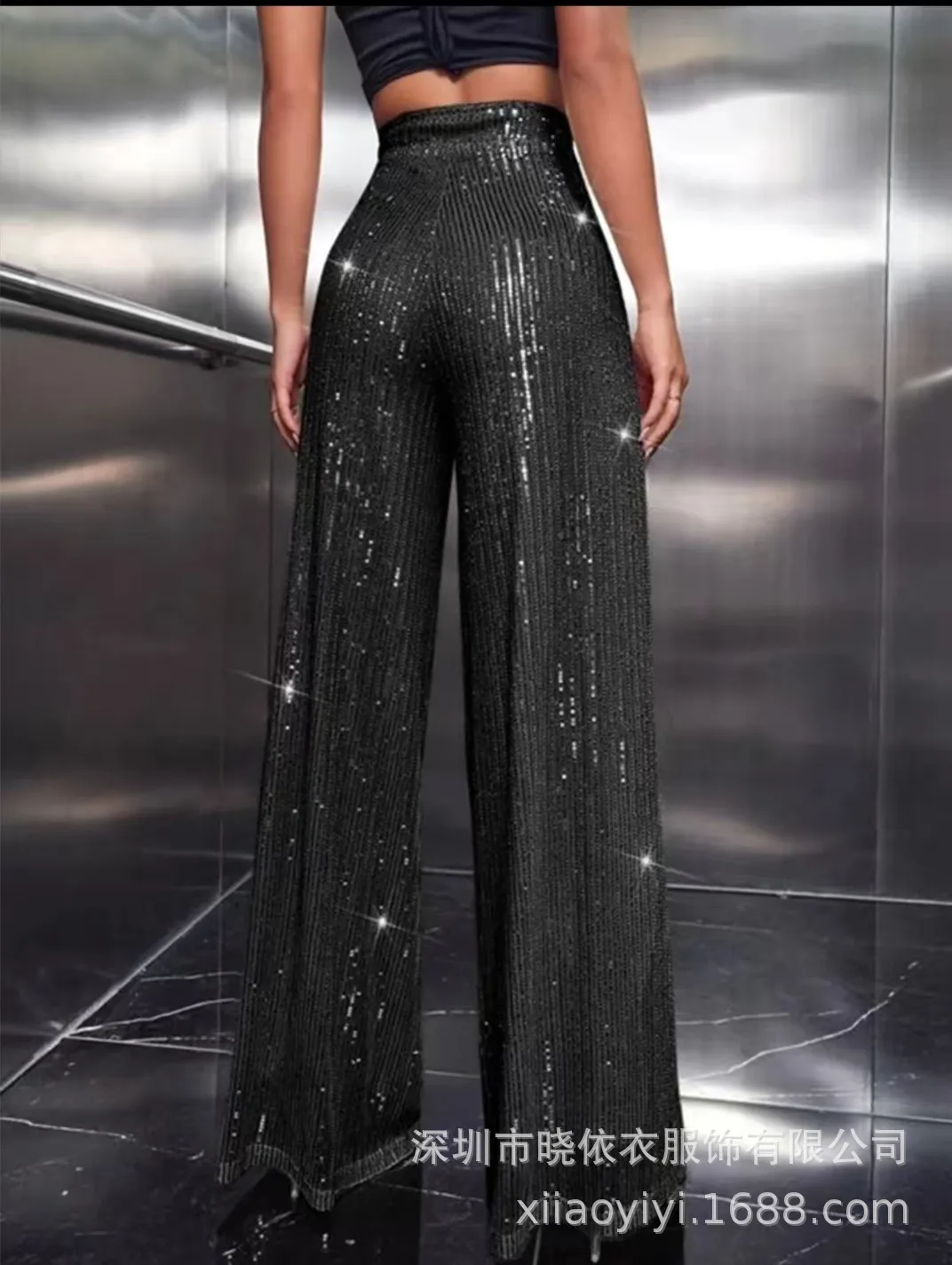 New Women's Solid Color Wide-leg Pants Casual Fashion Elegant Black Sequins Holiday For Women Long Pant Womens Clothing