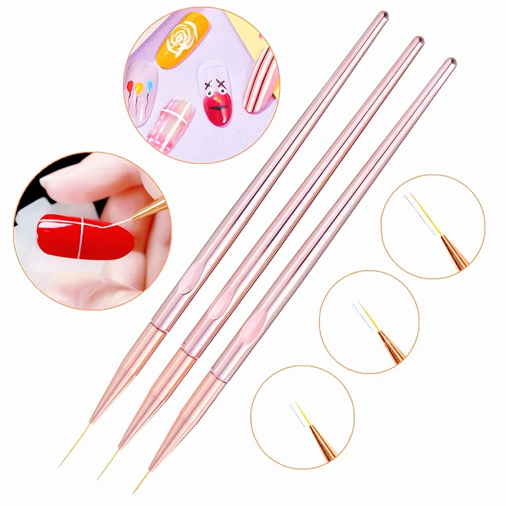 3Pcs Rose Gold Nail Liner Brush Nail Art Pen Liner Brush Nail Design Tool 3D Tips Liner Manicure Painting Pen Drawing Tools