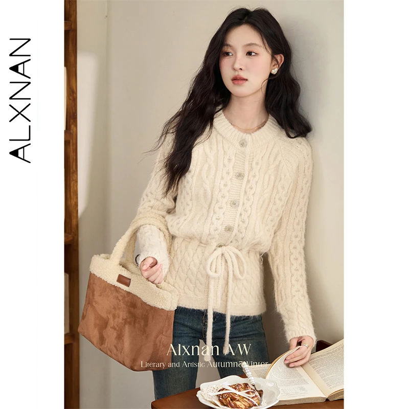 ALXNAN 살구색 울 가디건 여성 루즈핏 라운드넥 2025 가을 겨울 스웨터 신상 긴팔 니트 가디건 여성용 L51903