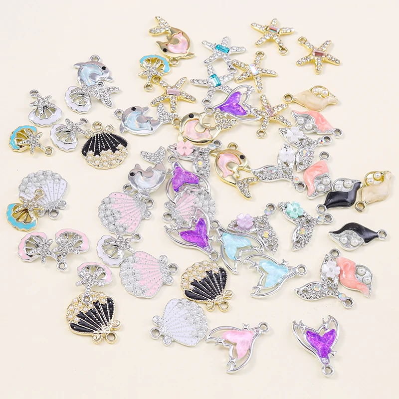 10pcs Mixed Coloful Nautical Ocean Starfish Shell Conch Sea Crystal Charms DIY Bracelet Necklace Jewelry Accessory DIY Craft